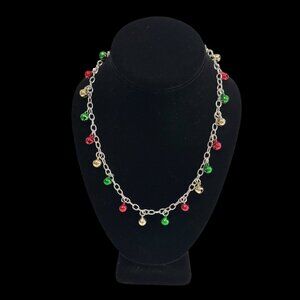 Christmas Jingle Bell Necklace With Silver Chain & Red Green Gold Charms